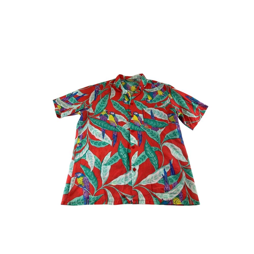 Red Hawaiian Shirt Fast Breakers Mens Size Large Vintage Tropical Leaf Parrot
